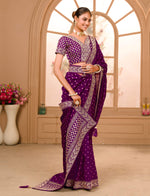 Thumbnail for Teeya Creation Wine Color Chinnon Silk Heavy Embroidery Work Saree - Distacart