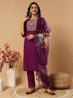 Thumbnail for Pramukh Fab Wine Embroidered Work Kurta Set - Distacart