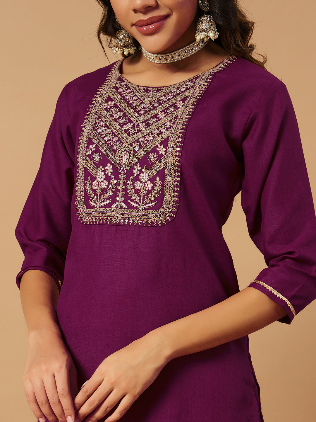 Pramukh Fab Wine Embroidered Work Kurta Set - Distacart
