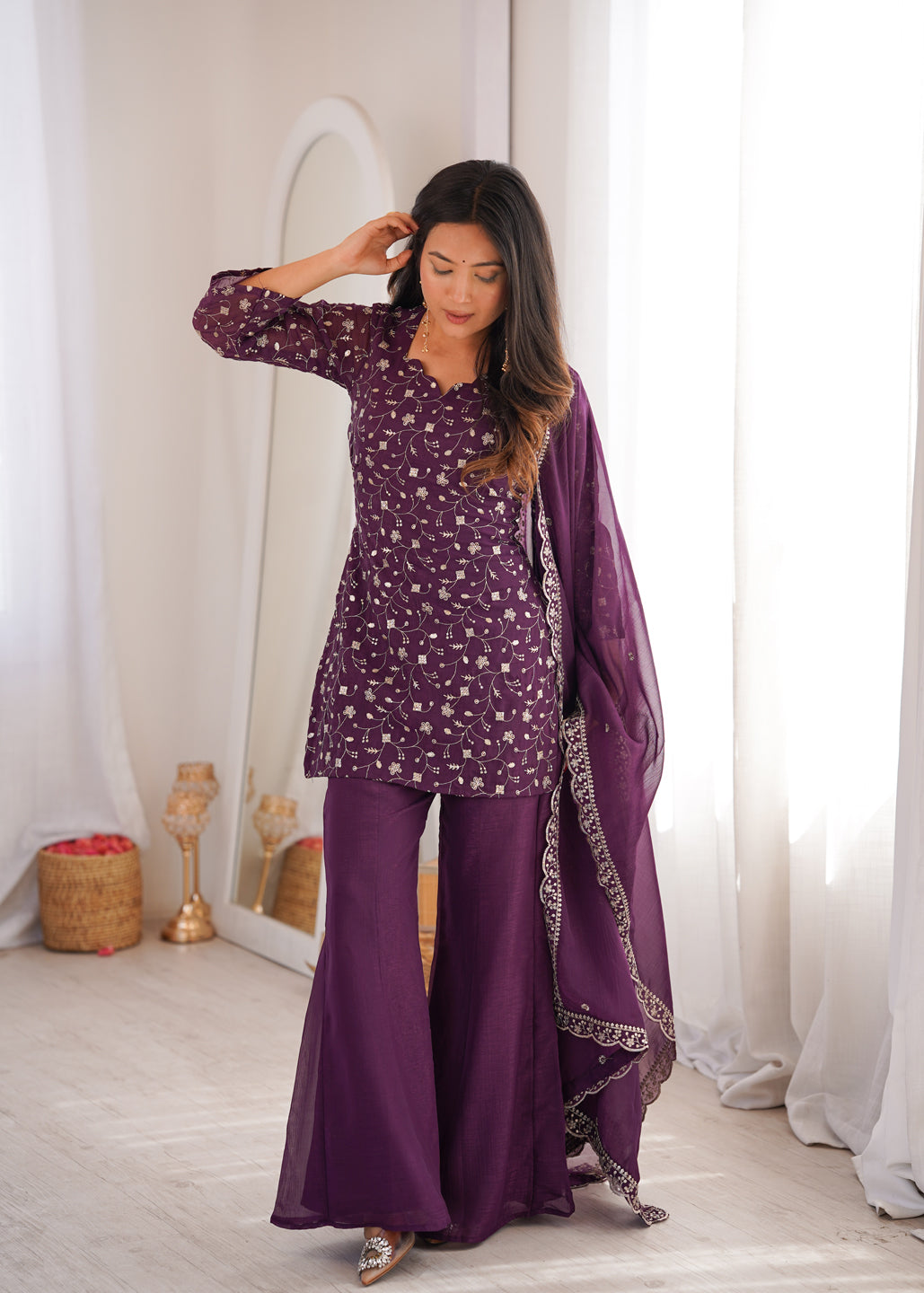 Evanik Wine Crunchy Silk Embroidery Sequins And Zari Work Kurta Pants With Dupatta - Dista
