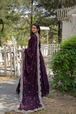 Thumbnail for Evanik Wine Faux Blooming Gown With Dupatta With Rich Sequins Embroidered work