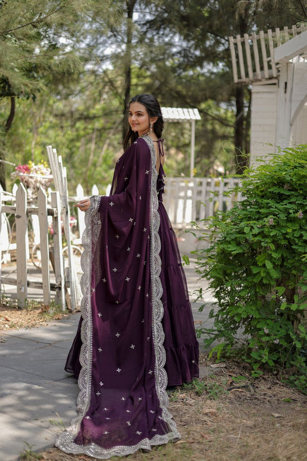 Evanik Wine Faux Blooming Gown With Dupatta With Rich Sequins Embroidered work