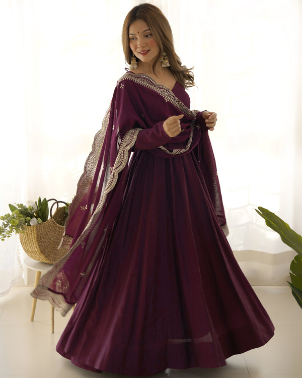Lorenvalley Mauve Pure Roman Silk Chanderi Fabric Fully Flared Anarkali Pant With Dupatta Set - Wine - Distacart