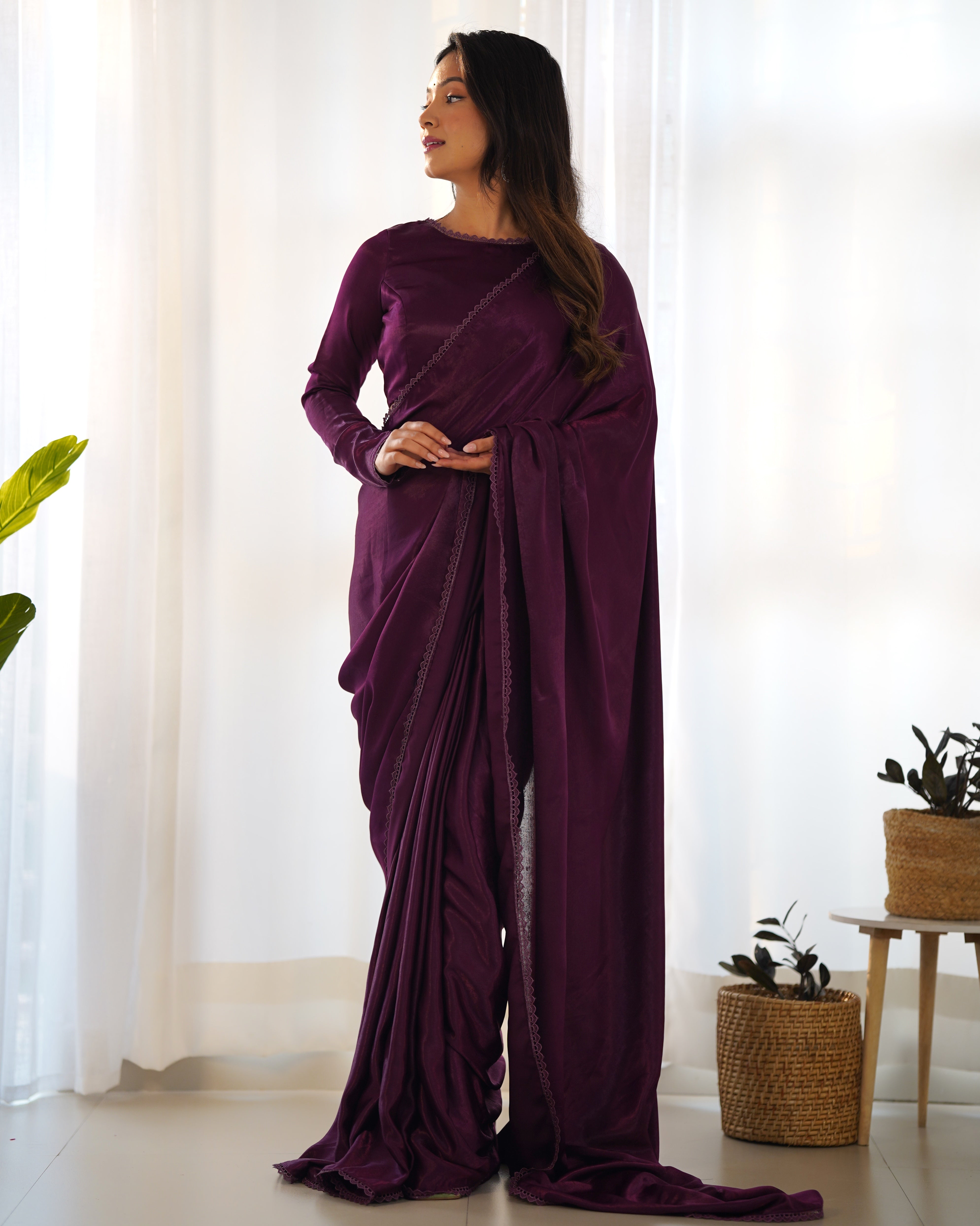 Lorenvalley Ready to wear Premium Quality Marble Velvet Fabric Fancy Boarder Lace Work Predrapped Saree - Purple - Distacart