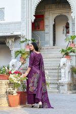 Thumbnail for Lorenvalley Wine Roman Silk Floral Print With Beets Handwork Kurta Set - Distacart