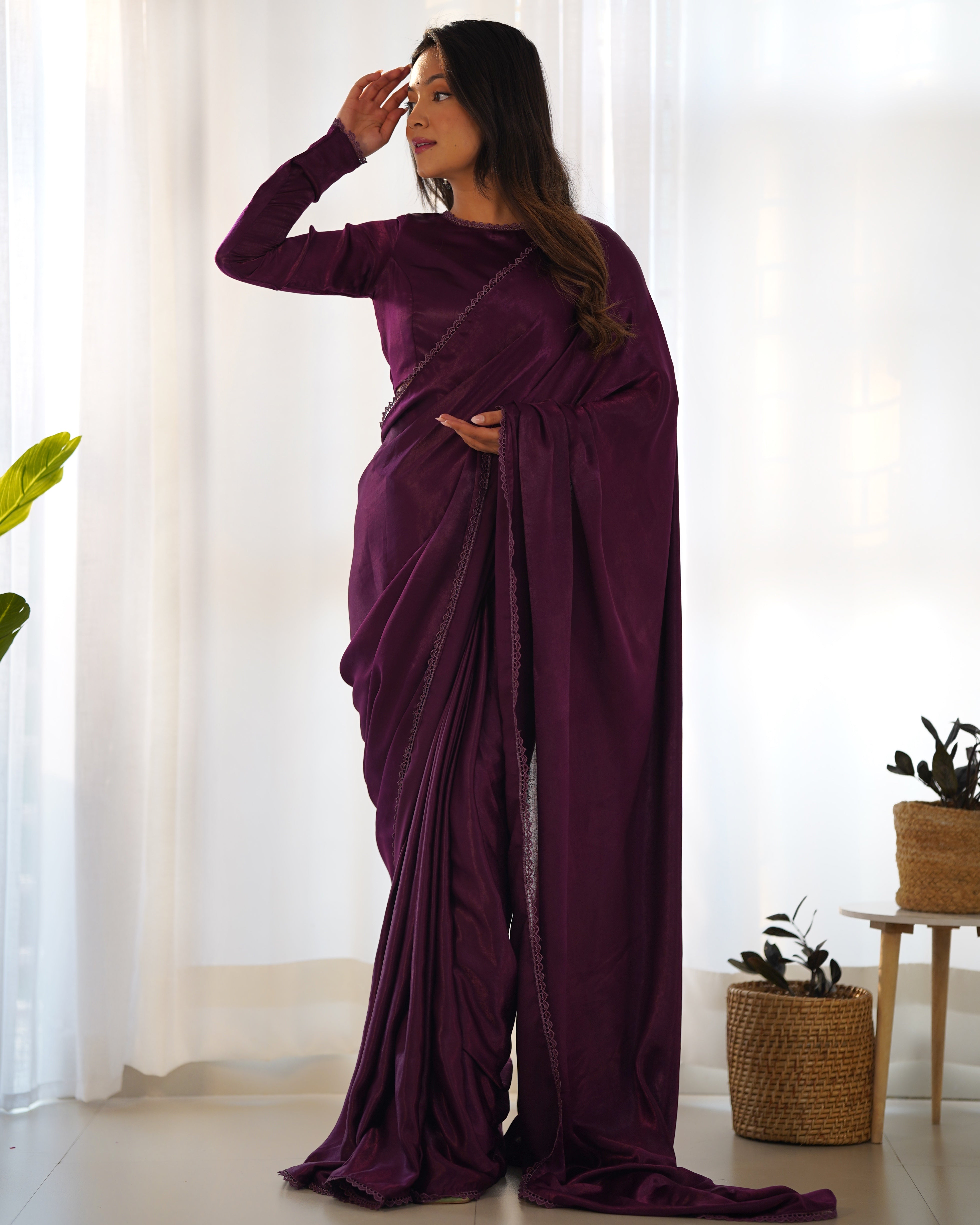 Lorenvalley Ready to wear Premium Quality Marble Velvet Fabric Fancy Boarder Lace Work Predrapped Saree - Purple - Distacart