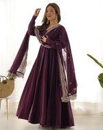 Thumbnail for Lorenvalley Mauve Pure Roman Silk Chanderi Fabric Fully Flared Anarkali Pant With Dupatta Set - Wine - Distacart