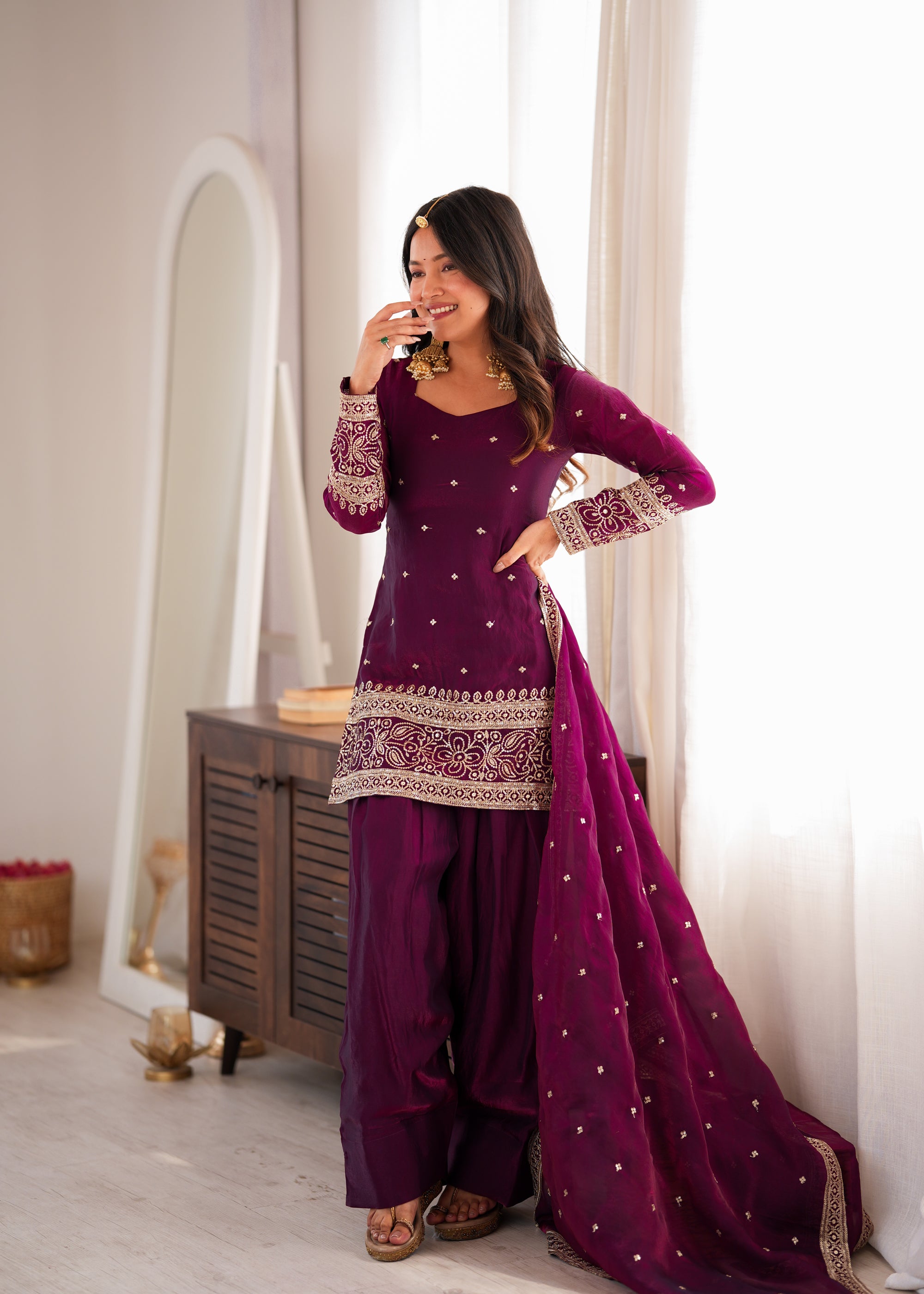 Lorenvalley Fashion Wine Fendi Silk with Embroidery Sequins and Zari Work Kurta Farshi Salwar with Dupatta - Dista