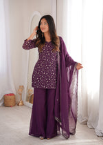 Thumbnail for Evanik Wine Crunchy Silk Embroidery Sequins And Zari Work Kurta Pants With Dupatta - Dista