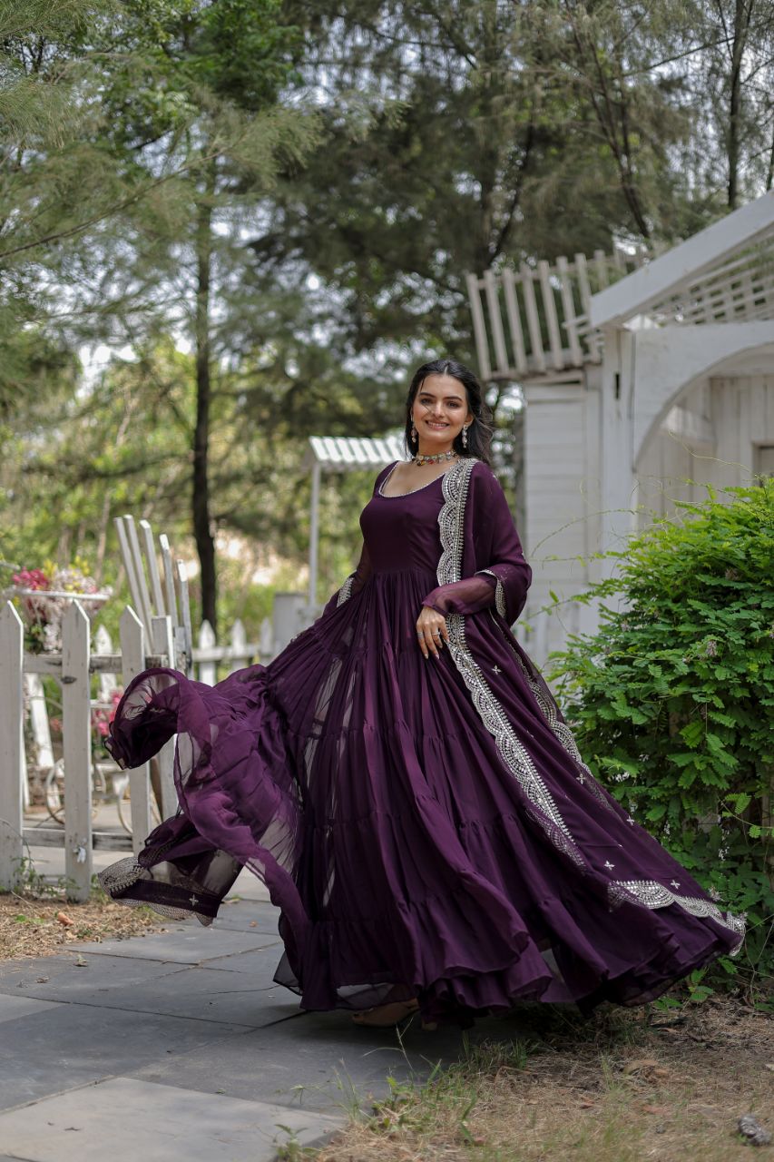 Evanik Wine Faux Blooming Gown With Dupatta With Rich Sequins Embroidered work