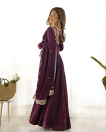 Thumbnail for Lorenvalley Mauve Pure Roman Silk Chanderi Fabric Fully Flared Anarkali Pant With Dupatta Set - Wine - Distacart