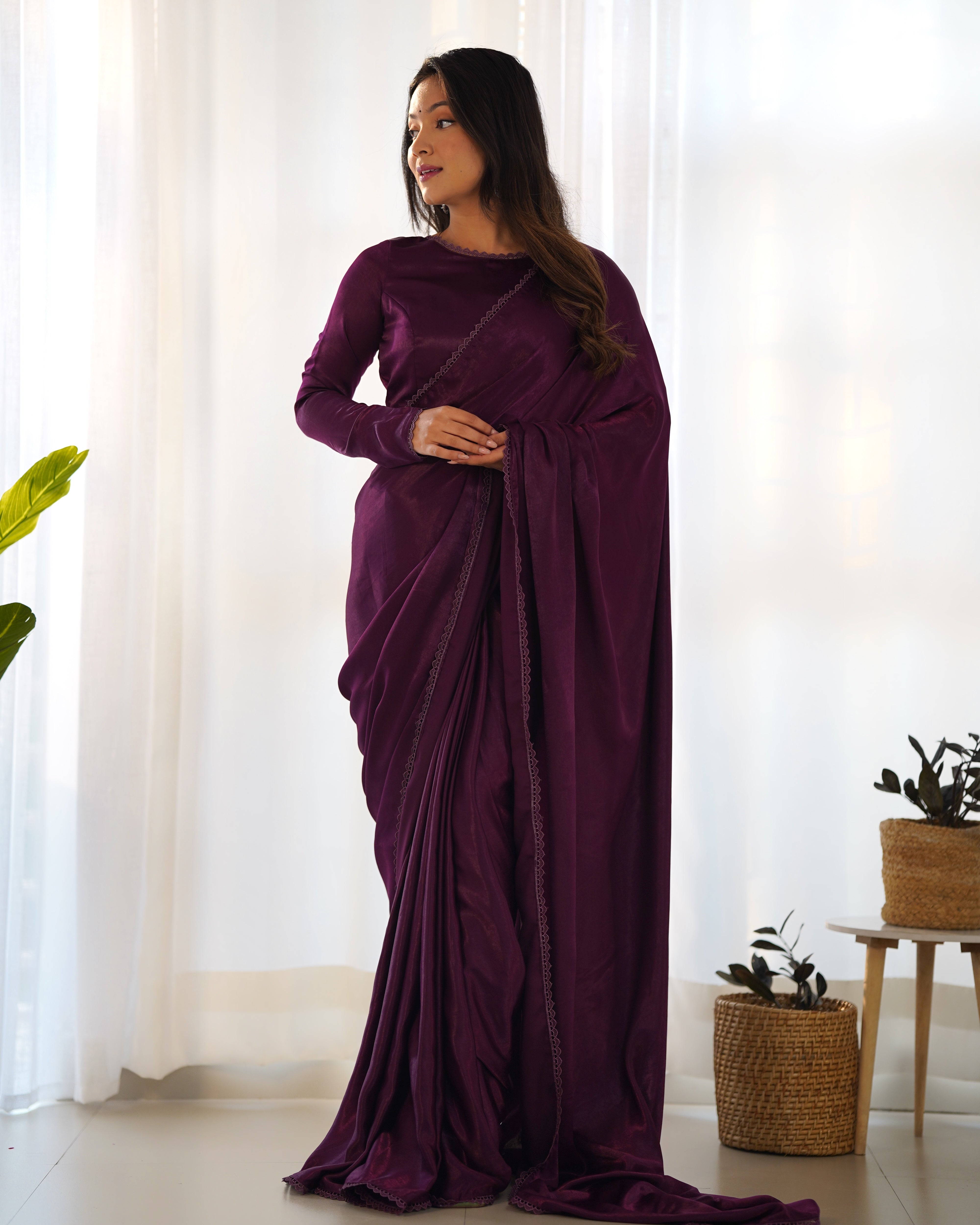Lorenvalley Ready to wear Premium Quality Marble Velvet Fabric Fancy Boarder Lace Work Predrapped Saree - Purple - Distacart