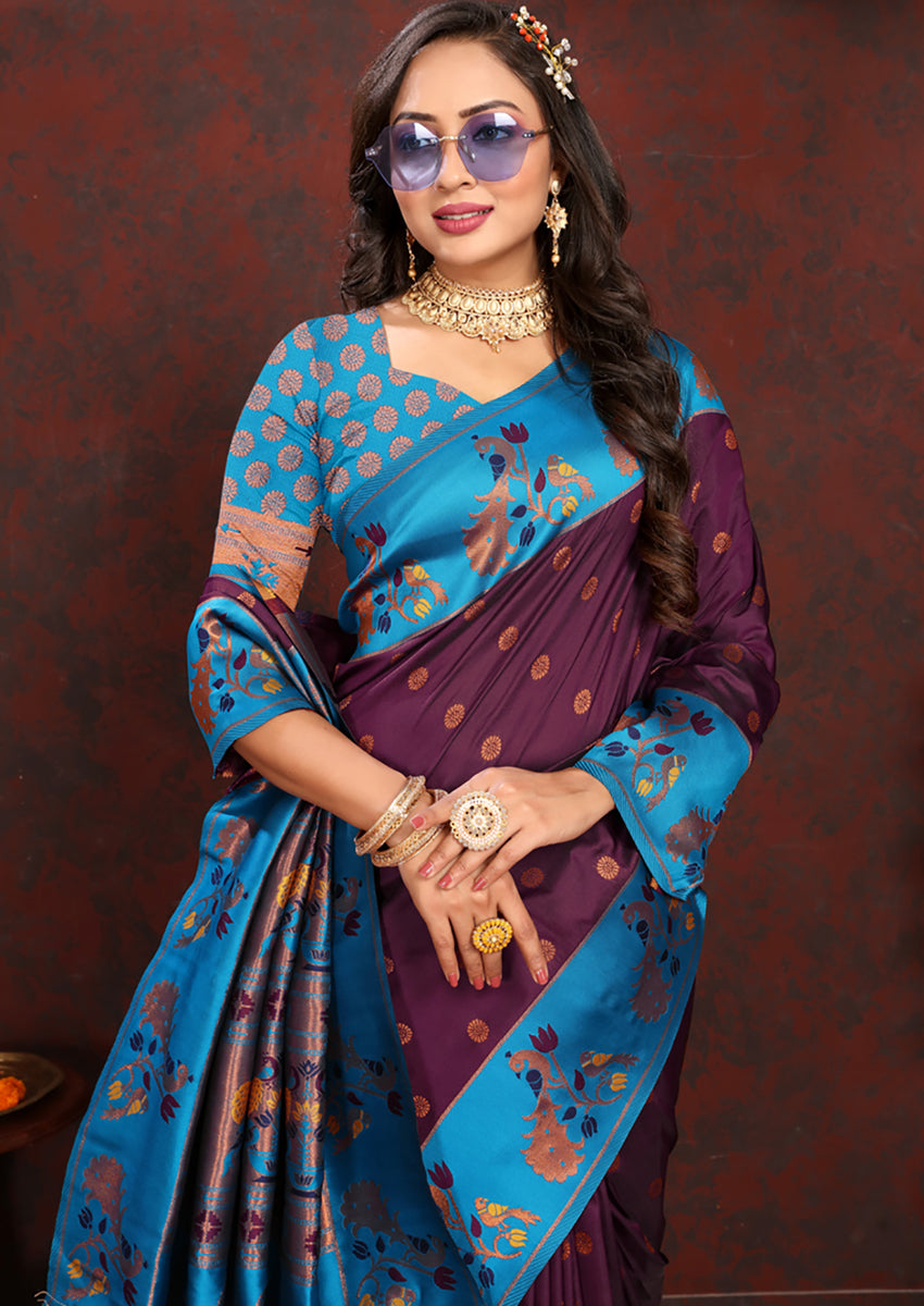 Lorenvalley Fashion Wine Soft Paithani Silk Woven Design Rich Zari Meenakari Weaving Saree - Distacart