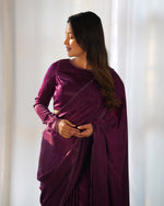 Thumbnail for Lorenvalley Ready to wear Premium Quality Marble Velvet Fabric Fancy Boarder Lace Work Predrapped Saree - Purple - Distacart