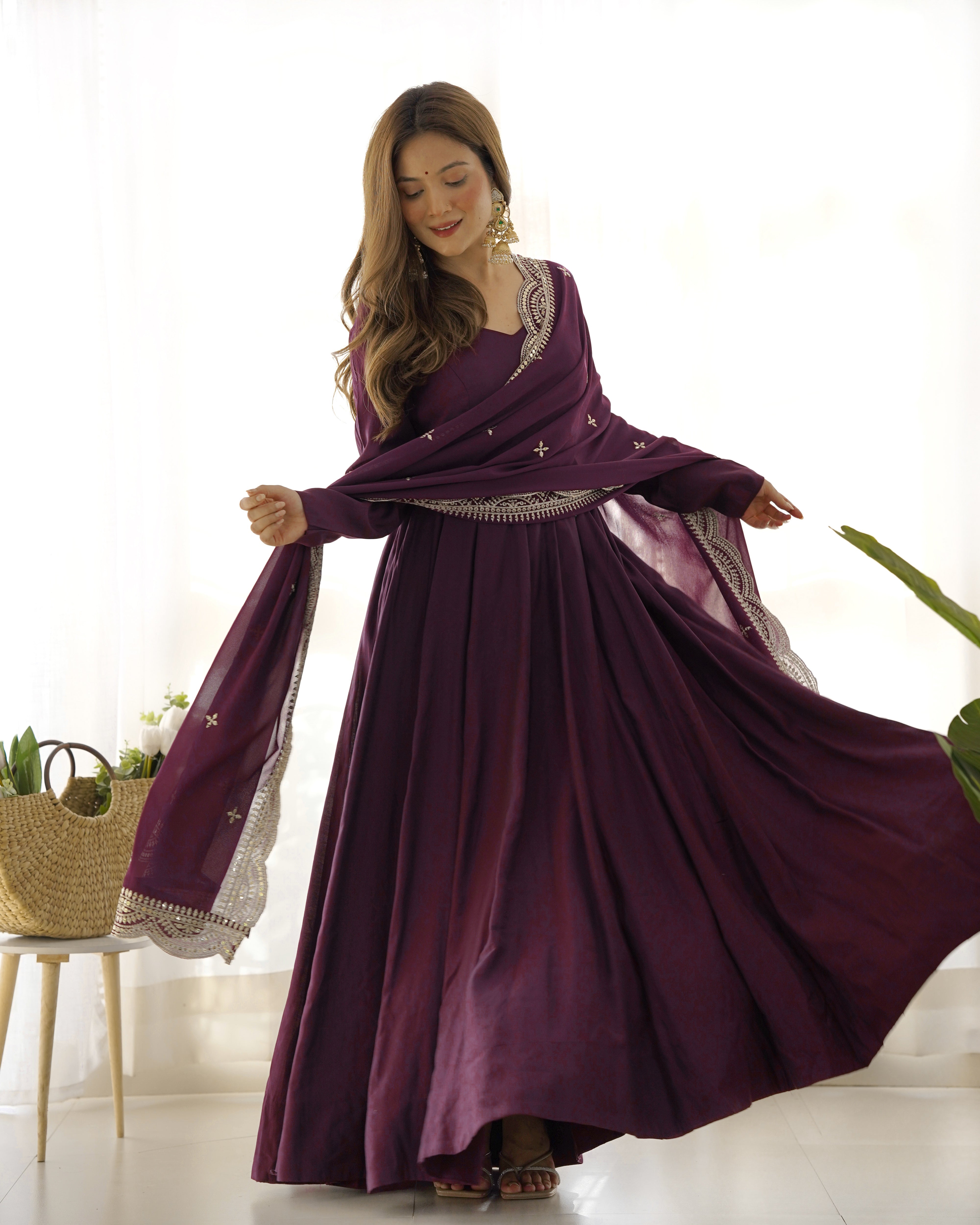 Lorenvalley Mauve Pure Roman Silk Chanderi Fabric Fully Flared Anarkali Pant With Dupatta Set - Wine - Distacart