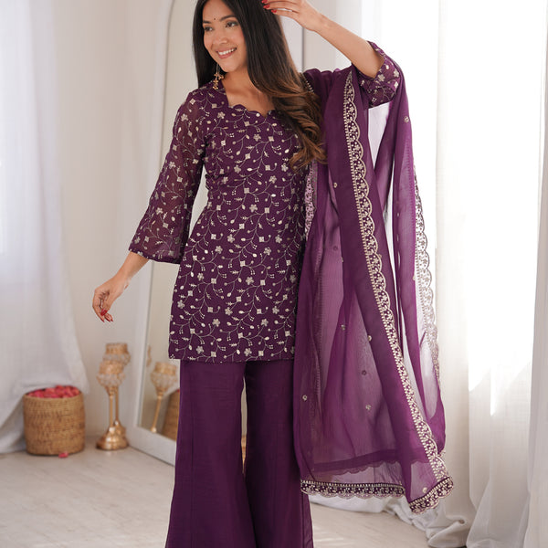 Evanik Wine Crunchy Silk Embroidery Sequins And Zari Work Kurta Pants With Dupatta - Dista