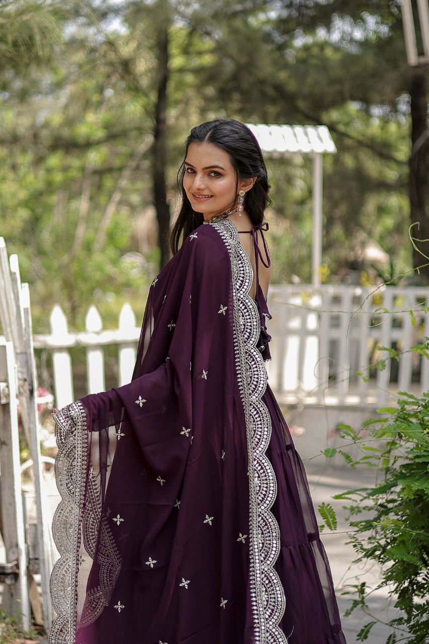 Evanik Wine Faux Blooming Gown With Dupatta With Rich Sequins Embroidered work