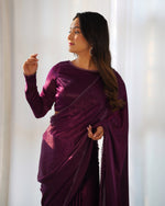 Thumbnail for Lorenvalley Ready to wear Premium Quality Marble Velvet Fabric Fancy Boarder Lace Work Predrapped Saree - Purple - Distacart