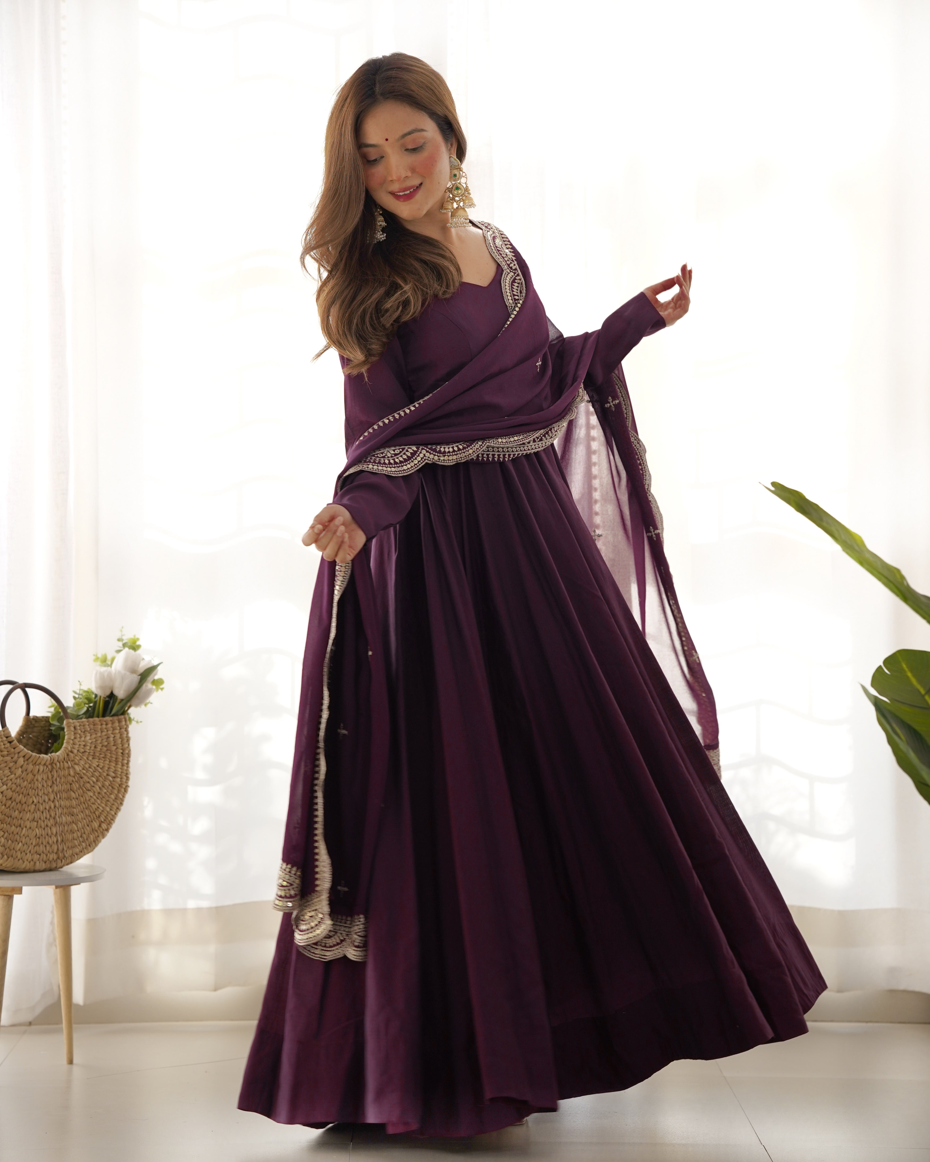 Lorenvalley Mauve Pure Roman Silk Chanderi Fabric Fully Flared Anarkali Pant With Dupatta Set - Wine - Distacart