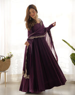 Thumbnail for Lorenvalley Mauve Pure Roman Silk Chanderi Fabric Fully Flared Anarkali Pant With Dupatta Set - Wine - Distacart