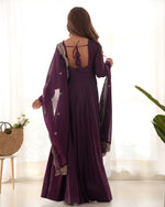Thumbnail for Lorenvalley Mauve Pure Roman Silk Chanderi Fabric Fully Flared Anarkali Pant With Dupatta Set - Wine - Distacart