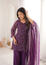 Thumbnail for Evanik Wine Crunchy Silk Embroidery Sequins And Zari Work Kurta Pants With Dupatta - Dista