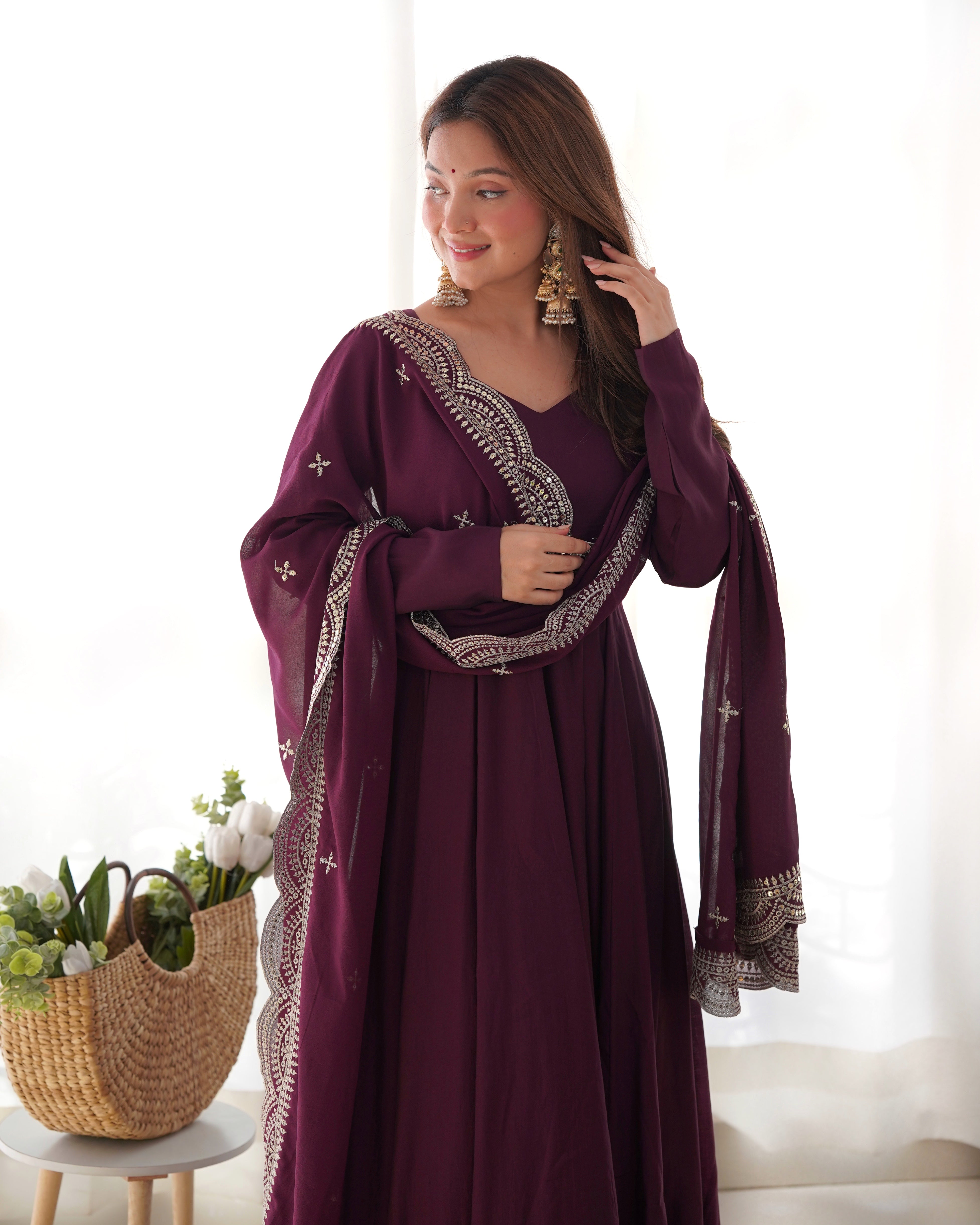 Lorenvalley Mauve Pure Roman Silk Chanderi Fabric Fully Flared Anarkali Pant With Dupatta Set - Wine - Distacart