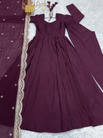 Thumbnail for Lorenvalley Mauve Pure Roman Silk Chanderi Fabric Fully Flared Anarkali Pant With Dupatta Set - Wine - Distacart