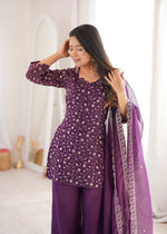 Thumbnail for Evanik Wine Crunchy Silk Embroidery Sequins And Zari Work Kurta Pants With Dupatta - Dista