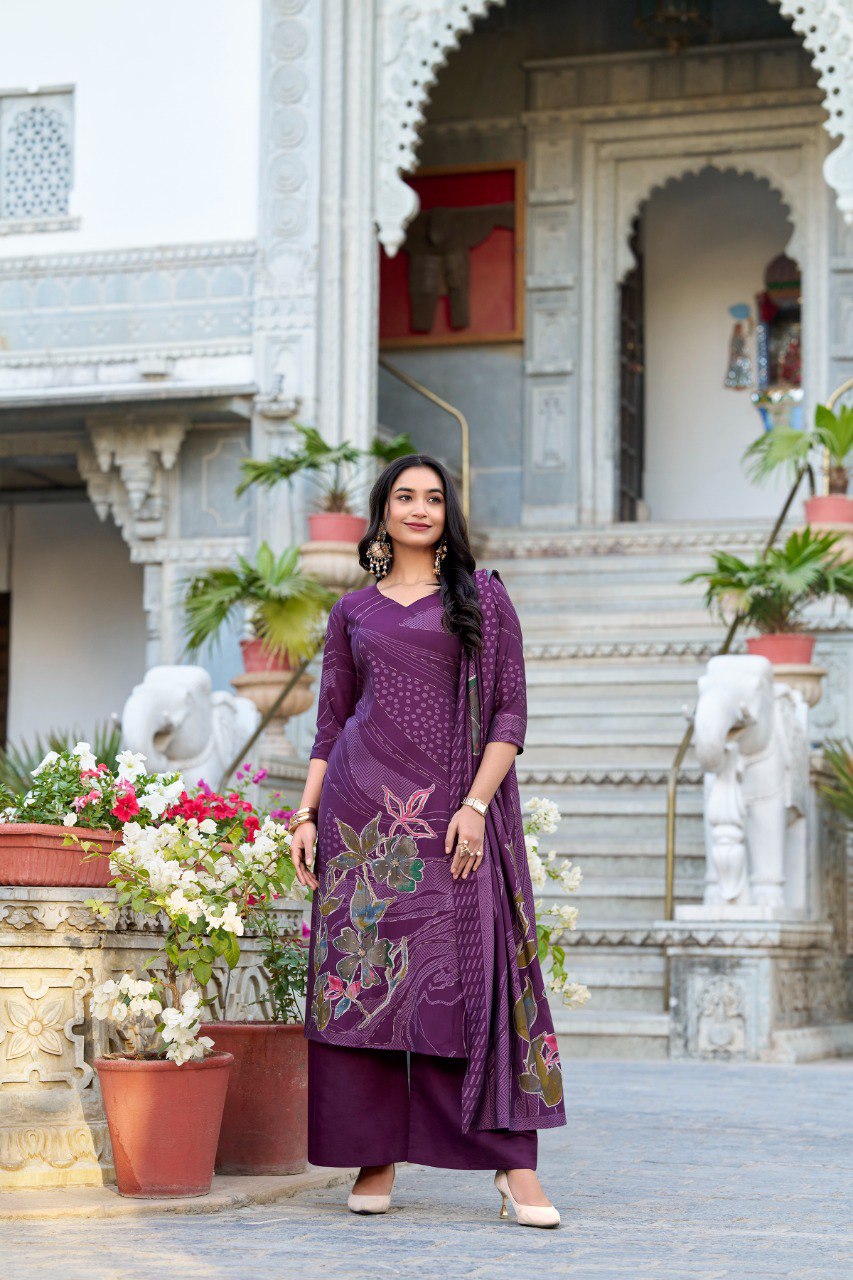 Lorenvalley Wine Roman Silk Floral Print With Beets Handwork Kurta Set - Distacart