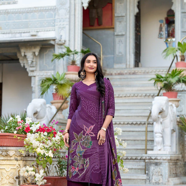 Lorenvalley Wine Roman Silk Floral Print With Beets Handwork Kurta Set - Distacart