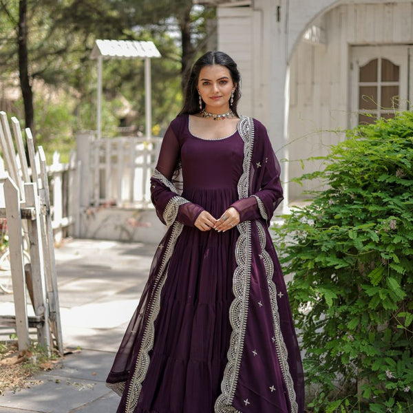 Evanik Wine Faux Blooming Gown With Dupatta With Rich Sequins Embroidered work