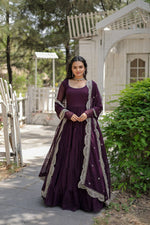 Thumbnail for Evanik Wine Faux Blooming Gown With Dupatta With Rich Sequins Embroidered work