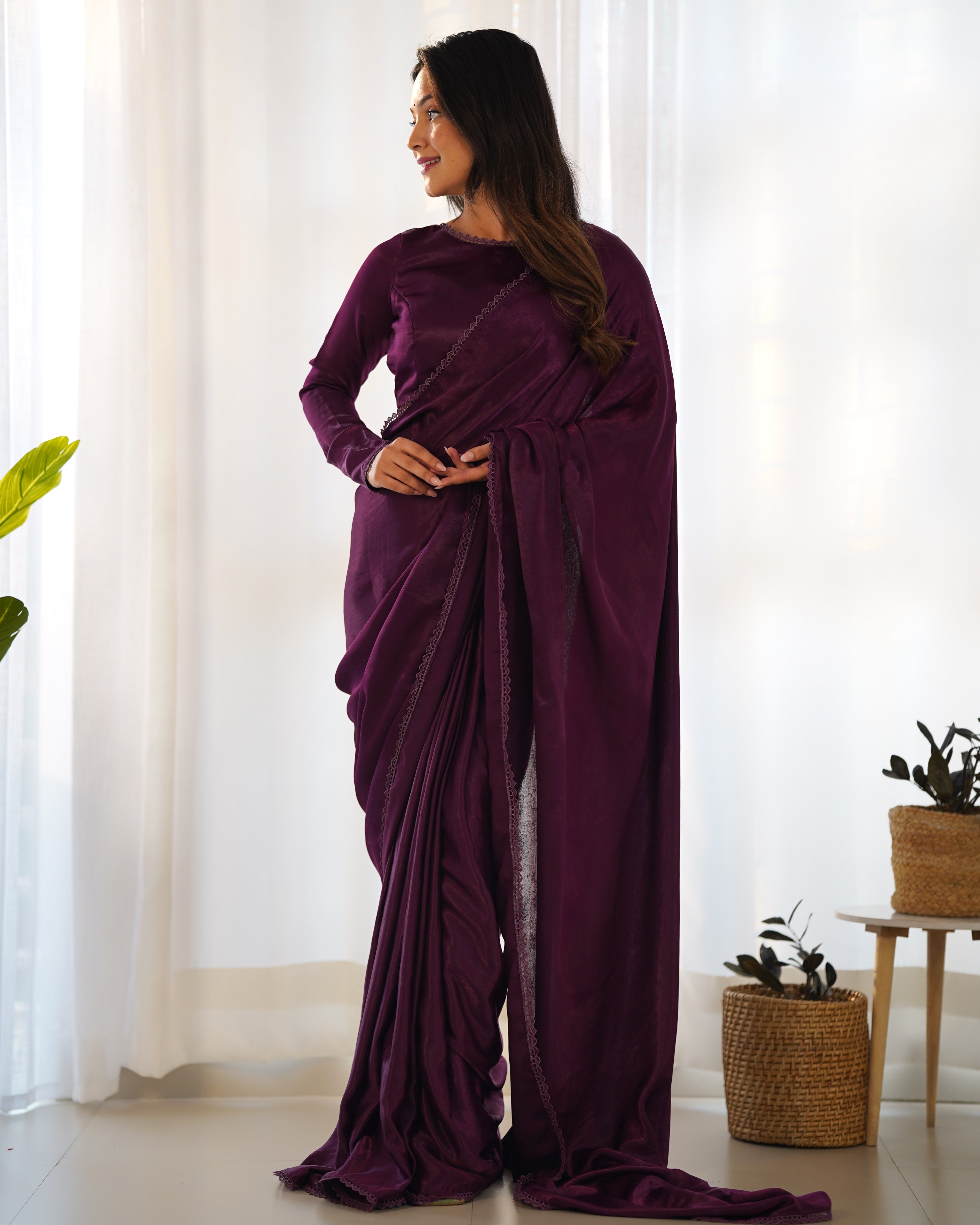 Lorenvalley Ready to wear Premium Quality Marble Velvet Fabric Fancy Boarder Lace Work Predrapped Saree - Purple - Distacart