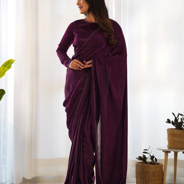 Lorenvalley Ready to wear Premium Quality Marble Velvet Fabric Fancy Boarder Lace Work Predrapped Saree - Purple - Distacart