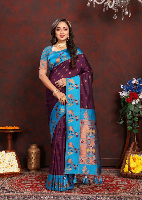 Lorenvalley Fashion Wine Soft Paithani Silk Woven Design Rich Zari Meenakari Weaving Saree - Distacart