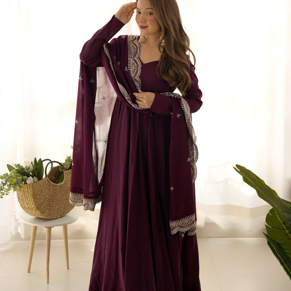 Lorenvalley Mauve Pure Roman Silk Chanderi Fabric Fully Flared Anarkali Pant With Dupatta Set - Wine - Distacart