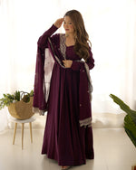 Thumbnail for Lorenvalley Mauve Pure Roman Silk Chanderi Fabric Fully Flared Anarkali Pant With Dupatta Set - Wine - Distacart