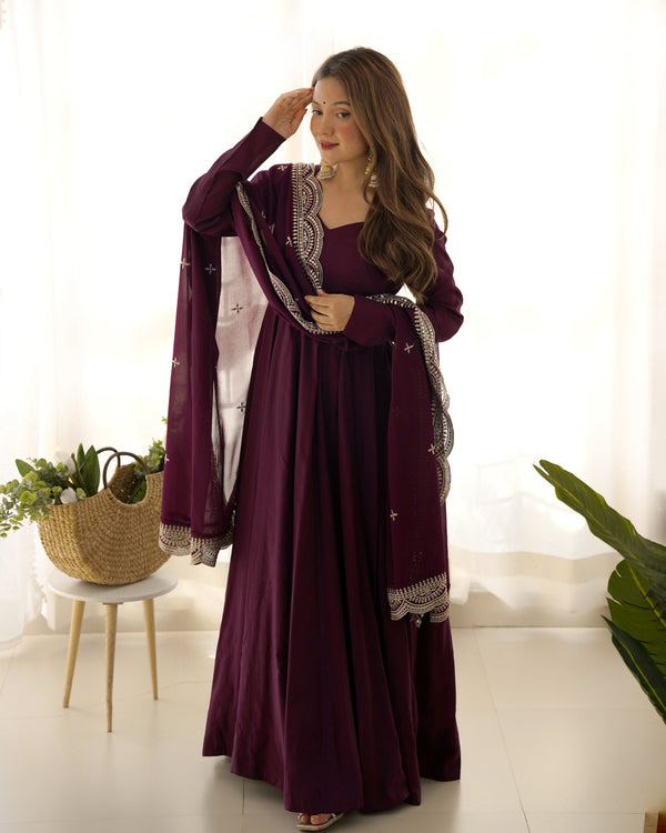 Lorenvalley Mauve Pure Roman Silk Chanderi Fabric Fully Flared Anarkali Pant With Dupatta Set - Wine - Distacart
