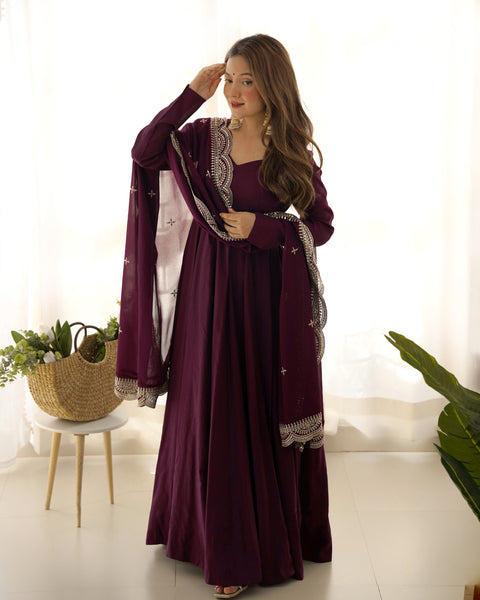 Lorenvalley Mauve Pure Roman Silk Chanderi Fabric Fully Flared Anarkali Pant With Dupatta Set - Wine - Distacart