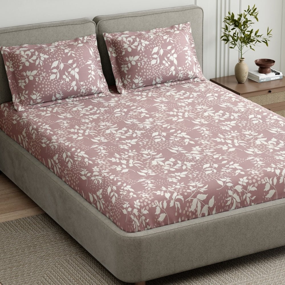 Haus & Kinder Wine foliage 100% Cotton Double Fitted Bedsheet, 144 TC - Dista