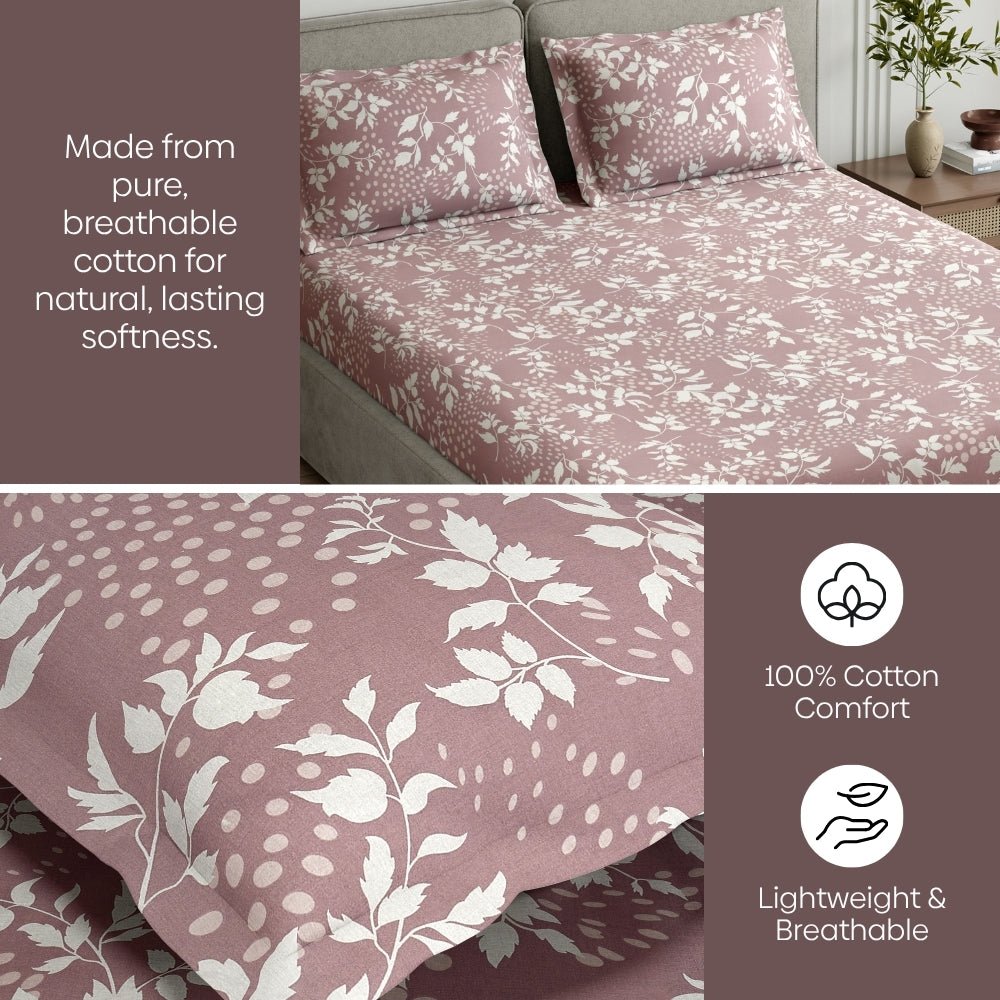 Haus & Kinder Wine foliage 100% Cotton Double Fitted Bedsheet, 144 TC - Dista