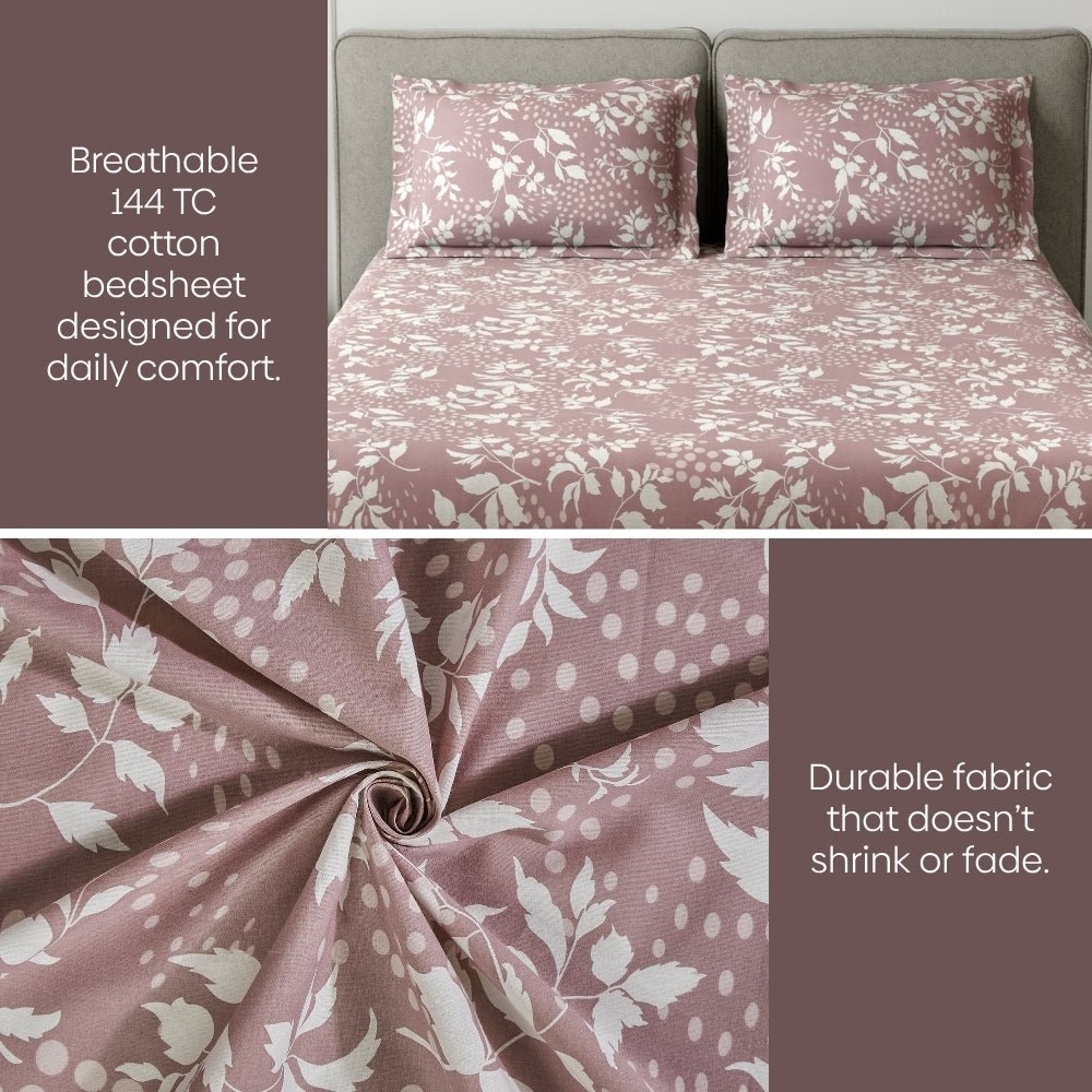 Haus & Kinder Wine foliage 100% Cotton Double Fitted Bedsheet, 144 TC - Dista