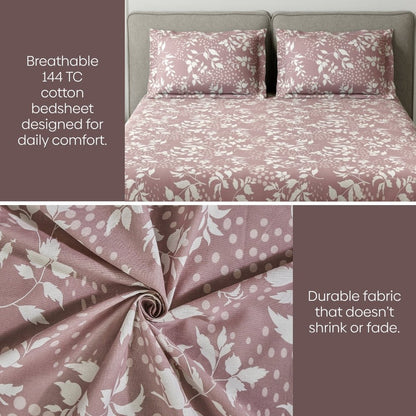 Haus & Kinder Wine foliage 100% Cotton Double Fitted Bedsheet, 144 TC - Dista