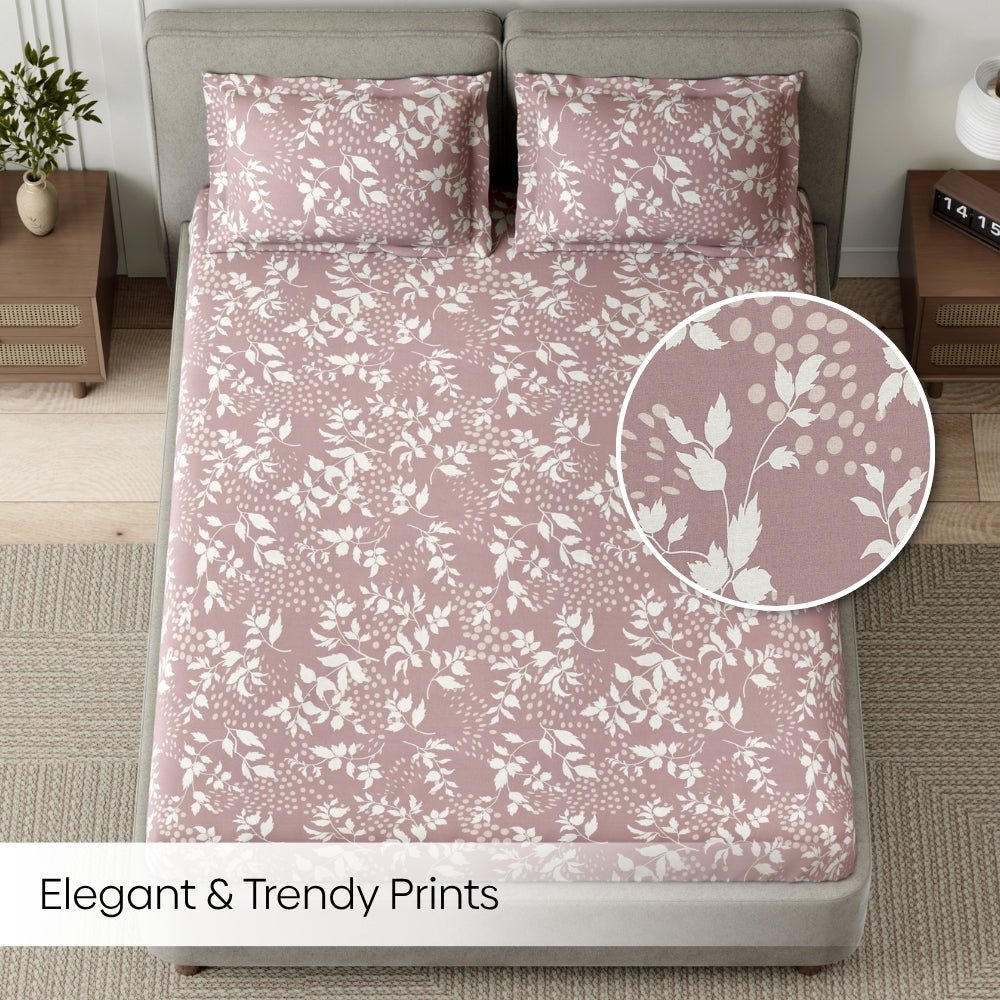 Haus & Kinder Wine foliage 100% Cotton Double Fitted Bedsheet, 144 TC - Dista