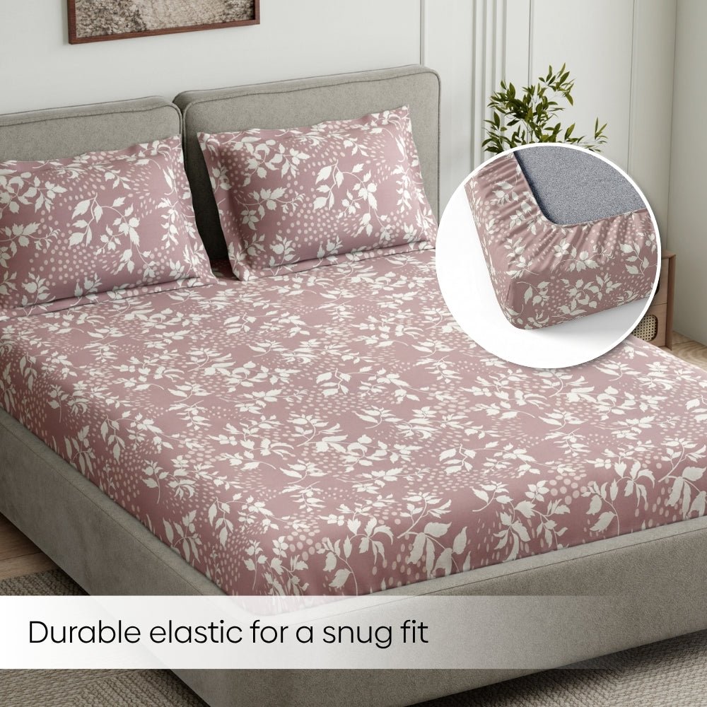 Haus & Kinder Wine foliage 100% Cotton Double Fitted Bedsheet, 144 TC - Dista