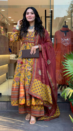 Thumbnail for The52 Women's Beautiful Cotton Fabric Printed Work Flared Kurta Palazzo and Dupatta Set - Distacart