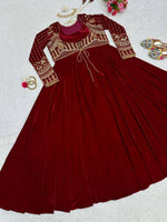 Thumbnail for Vastranavya Maroon Velvet Thread With Sequence Work Gown With Koti