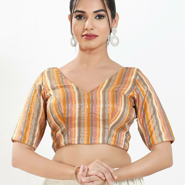 Joban Fashion Peach Multi Brocade Padded Blouse With V Neck Elbow Sleeves - Distacart