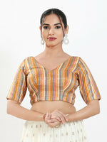 Thumbnail for Joban Fashion Peach Multi Brocade Padded Blouse With V Neck Elbow Sleeves - Distacart